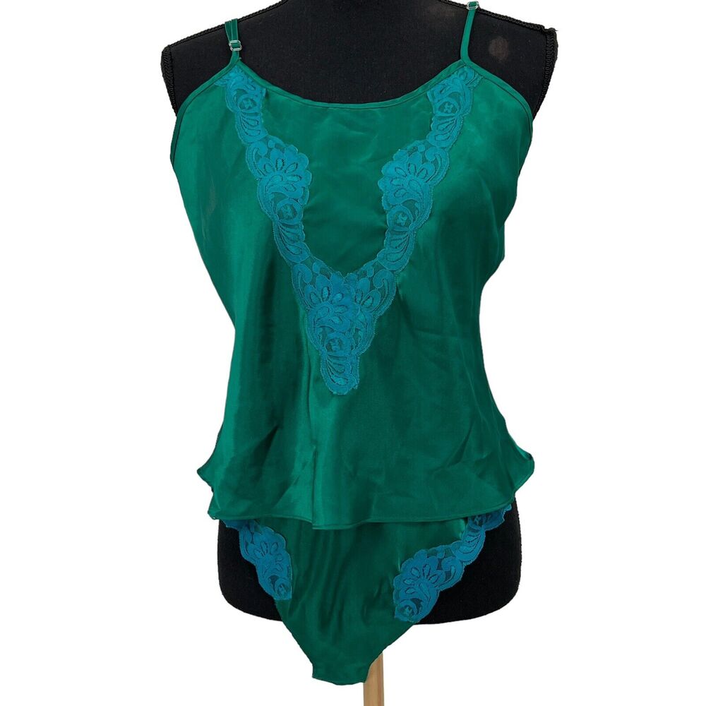 Vintage‎ Delicate Emerald Satin Aqua Lace Cami Set Shorts PJ Medium